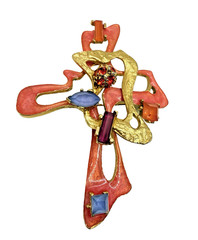 Vintage Christian Lacroix Cross Pendant Brooch Orange Enamel Rhinestone COA Made