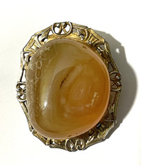 Antique Sterling Silver Gold tone Large Oval Butterscotch Stone Cabochon Brooch.
