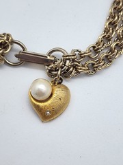 Vintage Style Chunky Gold Textured Link Bracelet with Pearl Heart Charm