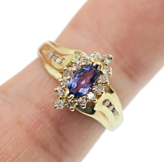 14k Solid Yellow Gold Natural Tanzanite and Diamond HALO Ring Size 6.75
