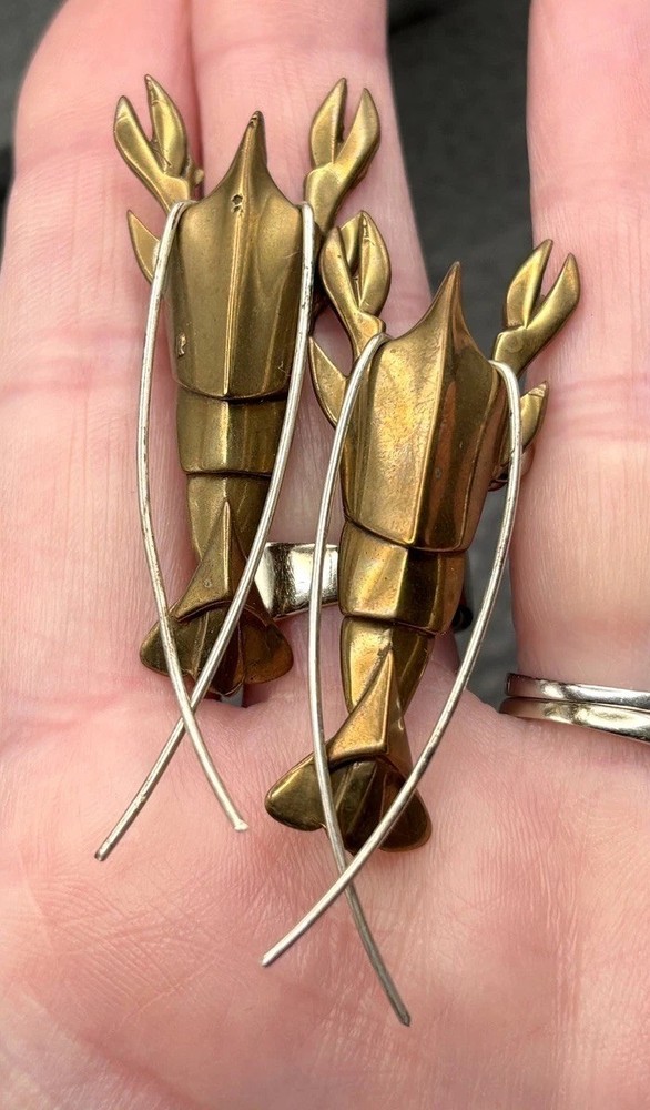 Unique Mixed Metal Modernist Vintage Lobster Brass Tone Figural Pierced Earrings