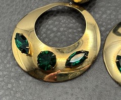Massive Huge 80s Runway Vintage Green Crystal Dangle Hoop Statement Earrings