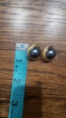 Vintage signed Carol Lee gold tone & grey faux pearl cabochon Clip-on earrings