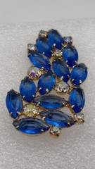 Vintage Blue Navette and Clear Prong-Set Rhinestone Brooch Open Back, Not Signed