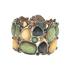 VTG Shades of Green & Yellow Shimmering Faux Opal Stretch Cuff Bracelet 6.5″