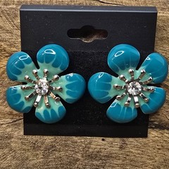 Vintage Blue Flower Stud Earrings Silver Tone Crystal Accent Candies 1980s #15