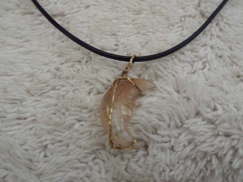 Goldtone Rutilated Quartz Carved Moon Face Pendant Black Cord Necklace (A67)