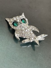 Vintage Signed Pell Rhinestone Owl Brooch Pin Bird