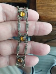Antique Art Deco Silver Wash Czech Gold Glass 7-8 Inch Link Bracelet Draw String
