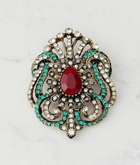 Vintage Style Red Teardrop Brooch Pin, Antique Gold Floral Statement Jewelry