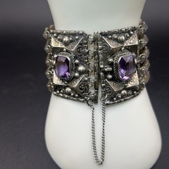 Vintage 800 Silver Amethyst Panel Link Bracelet 50.6g Safety Chain Antique Style