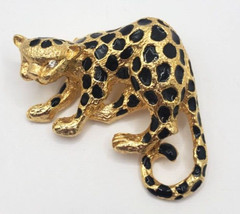 Leopard Cheetah Cat Pin Arched Back Black Enamel Rhinestone Eyes