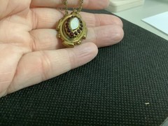 VTG/Antique brass?Czech? Garnet rhinestones Opalite glass pendant necklace 18″