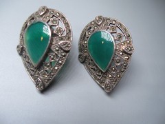 Vintage/Antique Sterling and Marcasite Earrings Green Stone