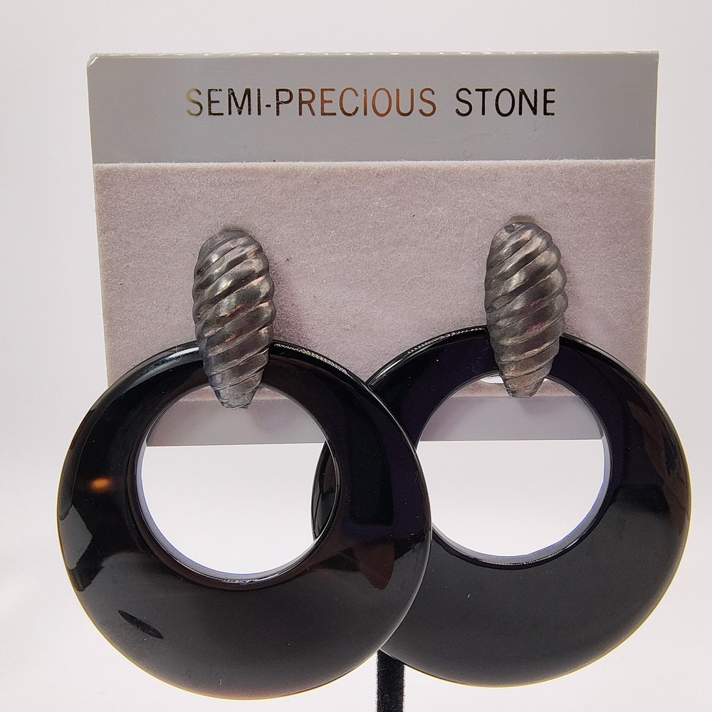 VintageBlack Onyx Door Knocker Earrings Hoops Omega Back Silver Tone 80s 90s