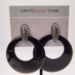 VintageBlack Onyx Door Knocker Earrings Hoops Omega Back Silver Tone 80s 90s