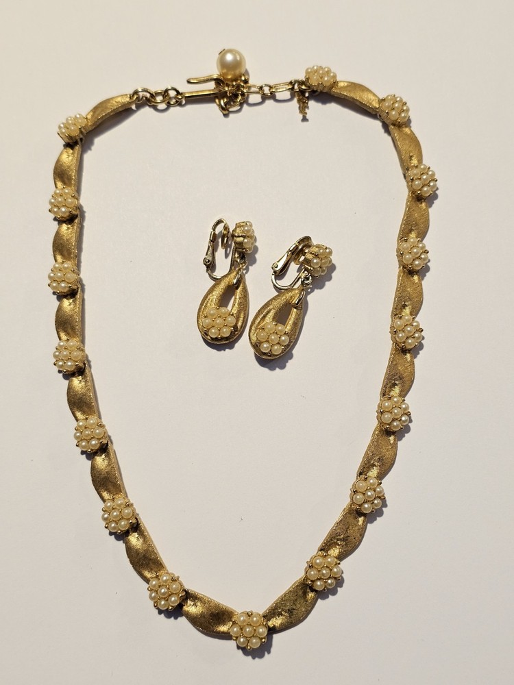 Vintage Crown Trifari Gold Tone Faux Pearl Birthday Ribbon Necklace Earrings Set