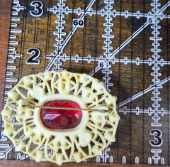 Vtg 1930s Art Deco Celluloid Filigree Brooch Central Red Stone Colorful Accents