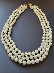 Vintage 3 Strand Faux Glass Pearl Necklace 18″ 8mm Knotted Gold Tone Slide Clasp