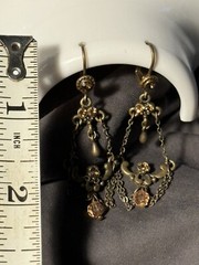Antique Chandelier Peach Beads Earrings Alloy Metal Self Clasp Beautiful 2inch