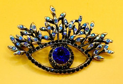 Gold Tone & Blue Rhinestones Eye Brooch Contemporary