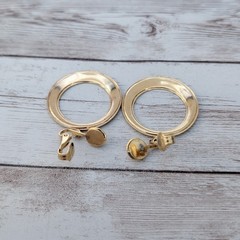 Vintage Clip On Earrings – Extra Large Dark Blue & Gold Tone Circle Dangle Drop