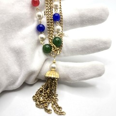 VTG Multi-Strand Layered Tassel Necklace Colorful Glass Beads GoldTone Statement