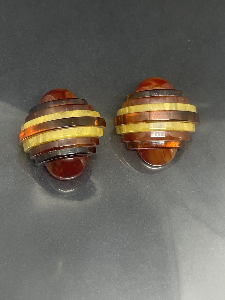 Vintage Brown Yellow Amber Art Deco Style Layered 1.25” Clip On Earrings