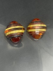 Vintage Brown Yellow Amber Art Deco Style Layered 1.25” Clip On Earrings