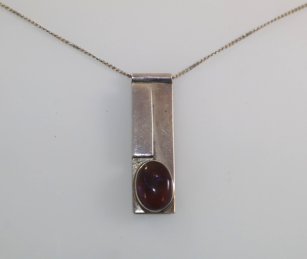 Vintage MCM Studio Artisan Cabochon Amethyst Pendant on Chain Sterling Silver