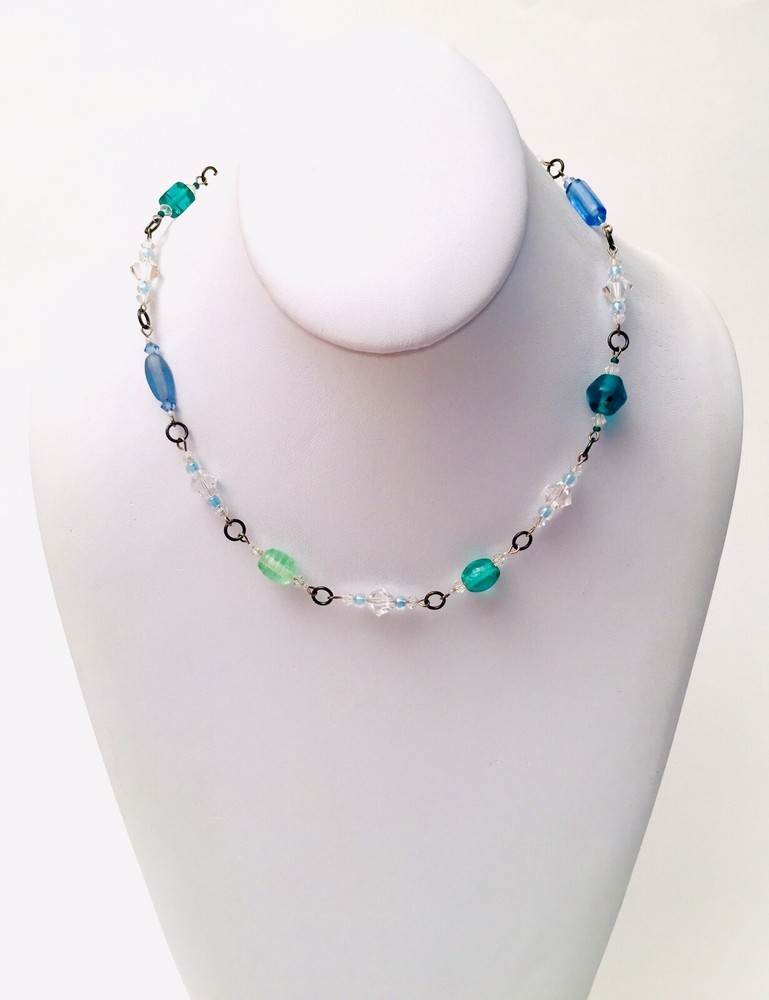 Stunning Sterling Silver Blue Green Art Glass Rock Crystal Necklace 18” 925/1000