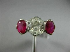 ANTIQUE 3.51CT OLD MINE DIAMOND & AAA RUBY PLATINUM THREE STONE ENGAGEMENT RING