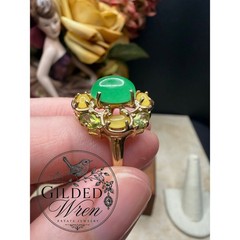 Vintage 14K Gold Jade & Tourmaline Estate Cocktail Ring | Size 7 | 4.94g