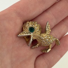 Vintage Bird Chick Duckling Gold Tone Green Eyed Rhinestone Brooch Pin