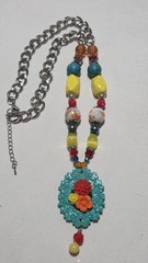 Vintage, Handmade Glass & Lucite Beaded Necklace w/ Floral Cameo Pendant (1058)