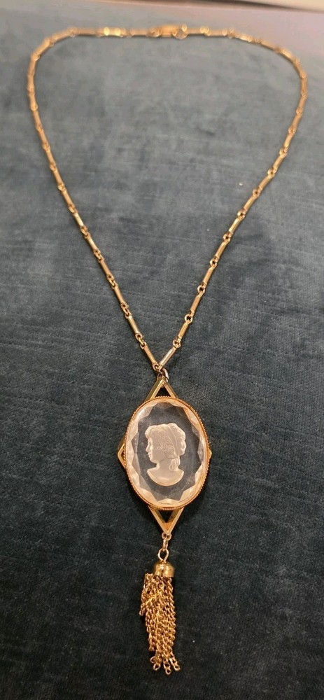 Vintage Reed Barton Glass Cameo Intaglio Tassel Pendant Necklace Gold Tone W Box