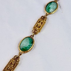 Vintage Accessocraft NYC Gold Tone Green Slag Glass Link Necklace 30” Pat Pend