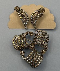 Aurora Borealis Ribbon Rhinestone Brooch Clip Earrings Set Unsigned Silver Tone