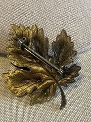 Vintage Cut Copper Leaf Brooch Red Jasper Cabochon Oak Pine Nature Pin Layered