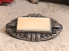 22. Art Deco Sterling Silver 925 MOP Marcasite Shadow Box Throat Pin 45mm, 17.3g