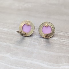 Vintage Clip On Earrings Pinkish Purple Domed Circle Gold Tone Halo Large Chunky