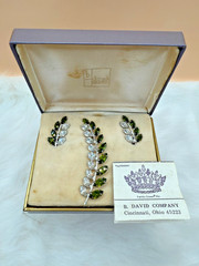 Vintage B David Rhinestone Brooch & Clip-on Earring Set w/ Green & Clear Stones