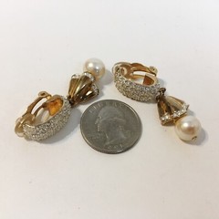 Drop Clip-on Earrings White Faux Pearl Crystal Rhinestones Gold Tone Metal