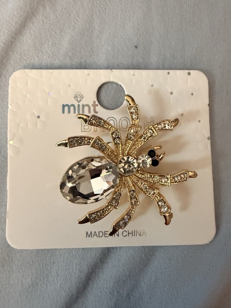 White Rhinestone Gold Tone Spider Brooch