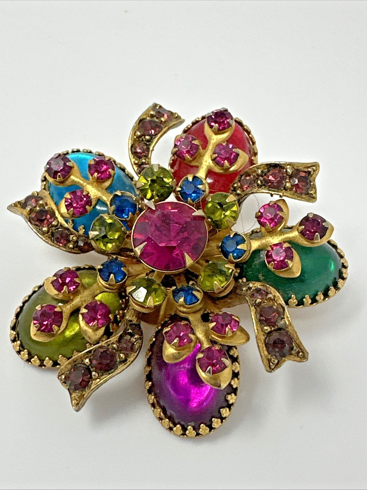 Vtg Selro Selini Dimensional Brooch Fruit Salad Flower Amazing Color Crystals