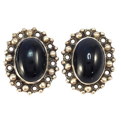 SILVER and Black ONYX CLIP Artisan Earrings Vintage Oval Open Work 1″ 9.48g