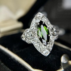 Art Deco Marquise Green Tourmaline Diamond Platinum Ring