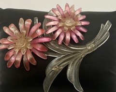 Vintage Pink Clear Lucite Style Flower Brooch Large Dimensional Floral Pin