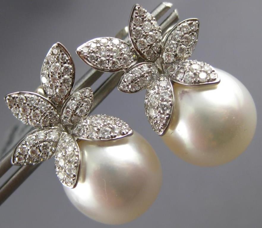 LARGE 1.03CT DIAMOND & AAA SOUTH SEA PEARL 18KT WHITE GOLD 3D HANGING EARRINGS