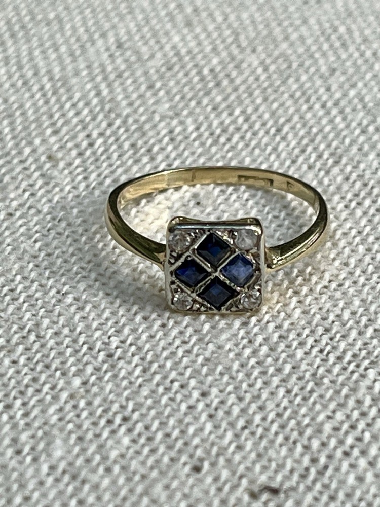 Art Deco 14K Gold And Platinum sapphire Ring Geometric Square Estate Size 5.5